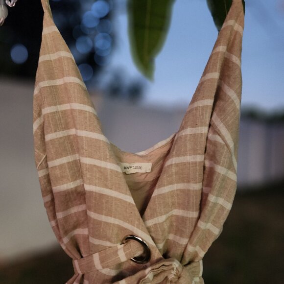 Love Culture Striped Wrap Romper Tie Waist Ruffle Skort M- TAN WHITE BEIGE - Picture 3 of 5